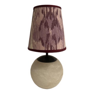 Round Alabaster Table Lamp With Custom Fabric Shade For Sale