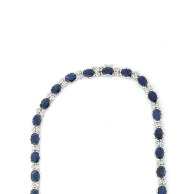 Metal Blue Sapphire Royal Necklace in 18k White Gold With Diamonds- 34.5 Ct & 16 Inch For Sale - Image 7 of 14