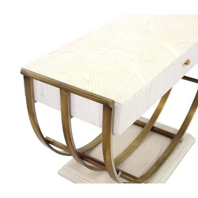 Wood Mid-Century Modern White Pickled Oak Finish Brass U Shape Base Console Table For Sale - Image 7 of 11