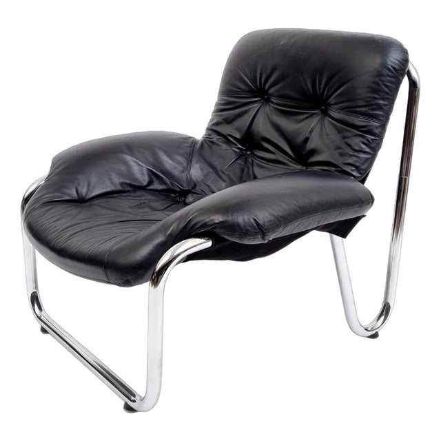 Black Leather Lounge Chair, 1973 For Sale