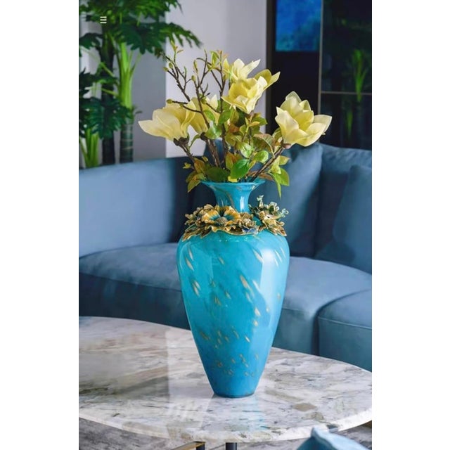 Handcrafted Turquoise Enamel Vase With Gold Floral Relief & Gemstone Accents – 19.5” Luxury Art Decor (Fmury) For Sale - Image 4 of 5