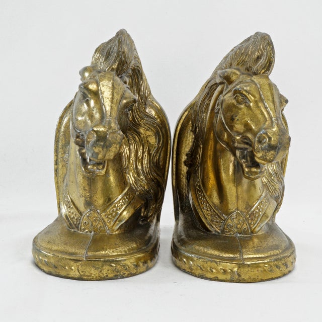Pair of Mid Century Goldtone Stallion Horsehead Bookends BMPro For Sale - Image 4 of 10