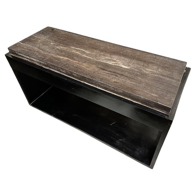 Minimalist espresso stained teak base with 2" thick super smooth petrified wood insert. It’s fascinating how Mother Nature...