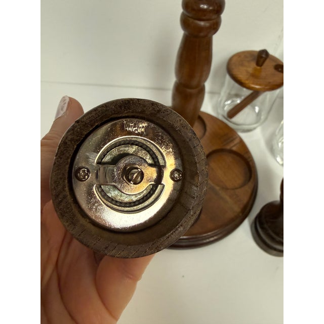Brown Vintage Mid-Century Wood & Glass Condiment Caddy Salt & Pepper Mill Set For Sale - Image 8 of 12