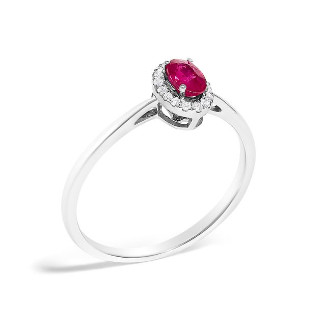 10K White Gold 5X3MM Oval Red Ruby and Diamond Accent Halo Ring (I-J Color, I1-I2 Clarity) - Ring Size 8 For Sale - Image 4 of 7