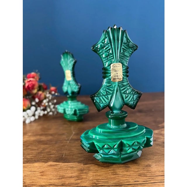 1970s Art Deco Malachite Glass Perfume Bottles Pair For Sale - Image 5 of 18
