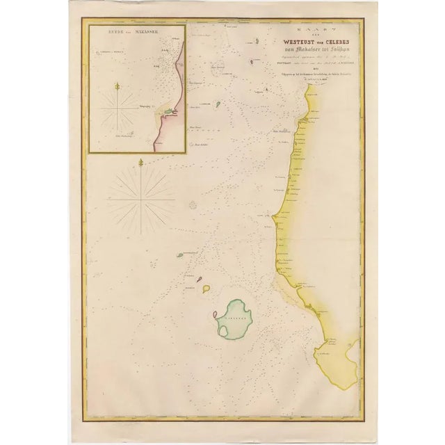 Original antique map titled 'Kaart der Westkust van Celebes van Makasser tot Laijkan'. This large map shows the west coast...