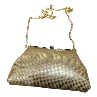 An Amazing 1940s Gold Tone Metal and Yellow Satin Italian Evening Bag For Sale
