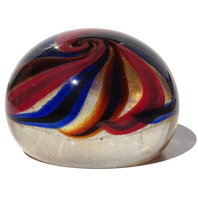 Beautiful and unusual, vintage Murano hand blown Sommerso multi color canes and gold flecks Italian art glass paperweight....