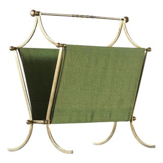Mid-Century Modern Magazine Rack in Patinated Brass and Green Fabric, 1940s For Sale