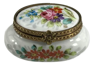 1980s French Limoges Peint Main Oval Trinket Box, Hand Painted Floral