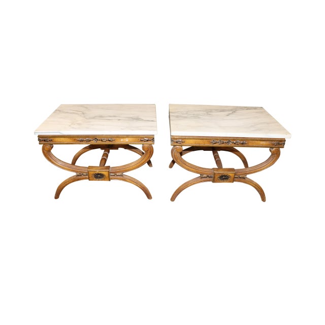 Superb pair of X tea tables with marble tops. We believe these were once X benches that have been converted into tea tables.