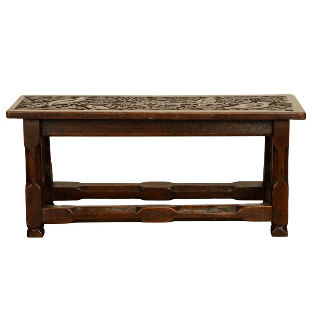 Arts & Crafts Antique English Carved Oak Arts & Crafts Hall Bench Seat 'Birds in a Tree' 1900 For Sale - Image 3 of 14