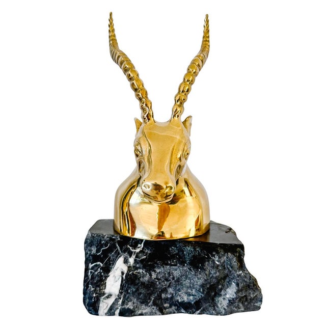 1970s Hollywood Regency Brass Gazelle / Antelope Head Bookends on Raw Edge Marble Bases - A Pair For Sale In San Diego - Image 6 of 12