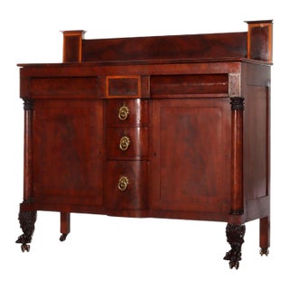 Antique American Empire Classical Flame Mahogany Sideboard, Bronze Pulls, C1840 For Sale
