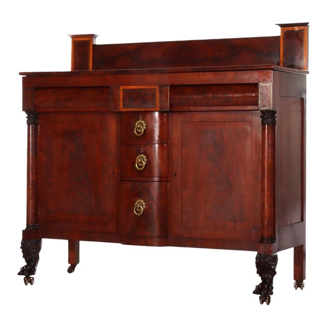 Antique American Empire Classical Flame Mahogany Sideboard, Bronze Pulls, C1840 For Sale