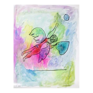 Angel With Heart I, Avi Farin Watercolor on Paper, Signed