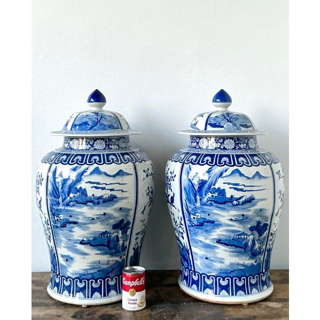Vintage Boho Monumental Blue and White Lidded Ginger Jars - A Pair For Sale - Image 9 of 12