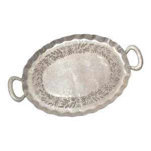 1940s Early Rodney Kent Hand Hammered Ornate Oval Aluminum Serving Platter with Handles