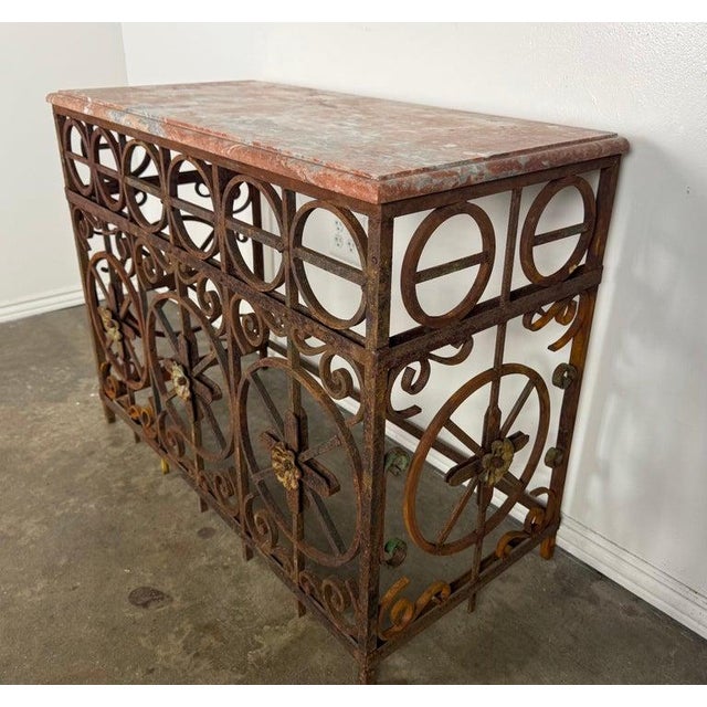 Pair of Italian Wrought Iron Consoles With Rosso Verona Marble Tops For Sale - Image 13 of 18