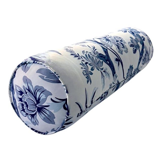 2020s Blue & White Chinoiserie Bolster Pillow – Bird & Botanical Motif For Sale - Image 5 of 6