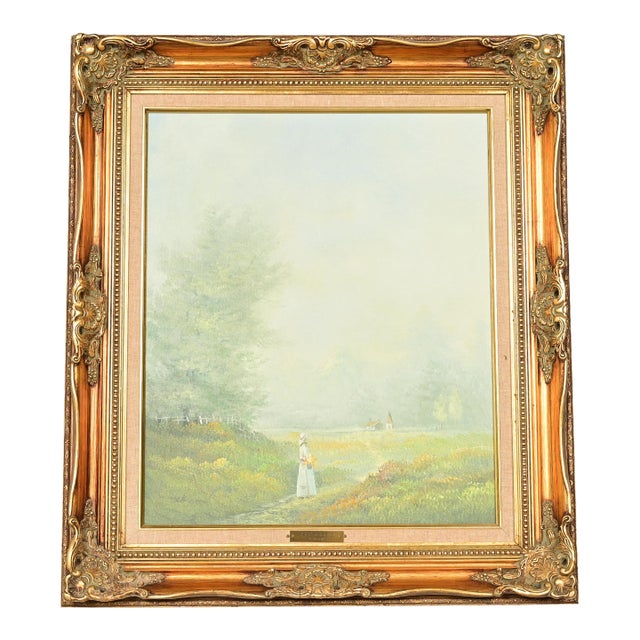 Original Artist Signed K. Kirum "Church in the Dale" Oil Painting in Carved Giltwood Frame For Sale