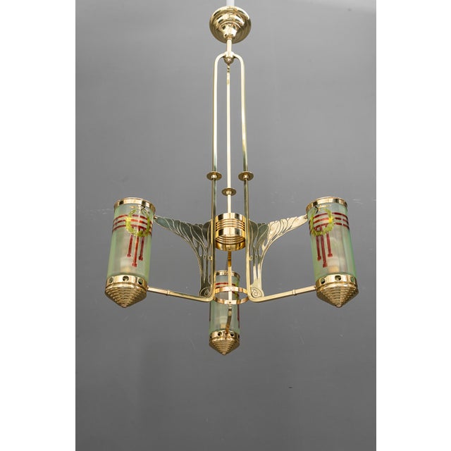 Jugendstil Chandelier with Painted Opaline Glass Shades, Vienna, 1908 For Sale - Image 4 of 18