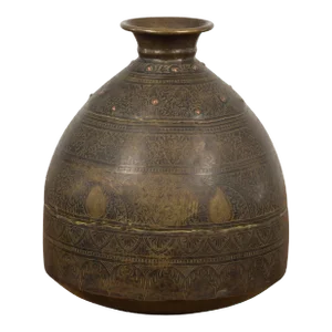 19th Century Indian Brass Vessel with Abundant Etched Foliage Décor