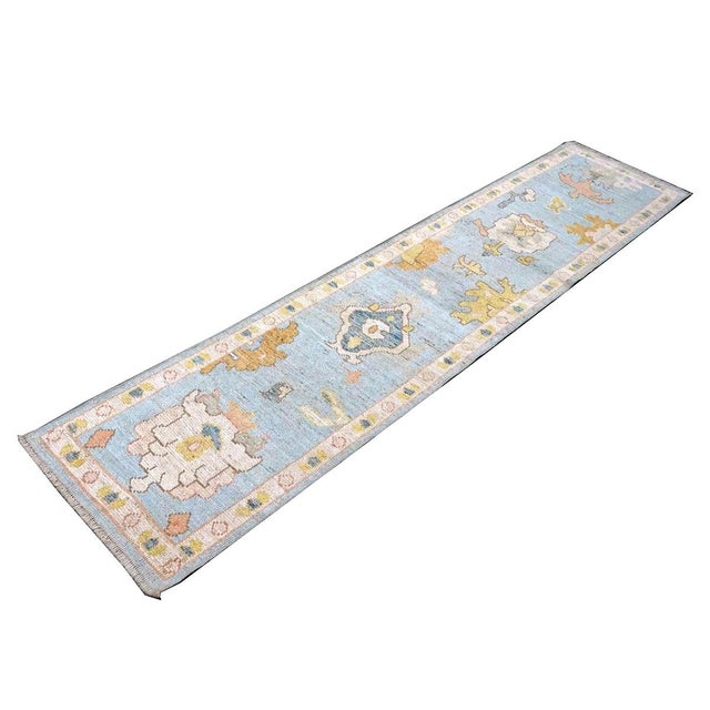 21st Century Turkish Oushak Wool 2x9 Gold, Light Blue & Ivory Handmade Runner Rug #1144117 For Sale In Houston - Image 6 of 10