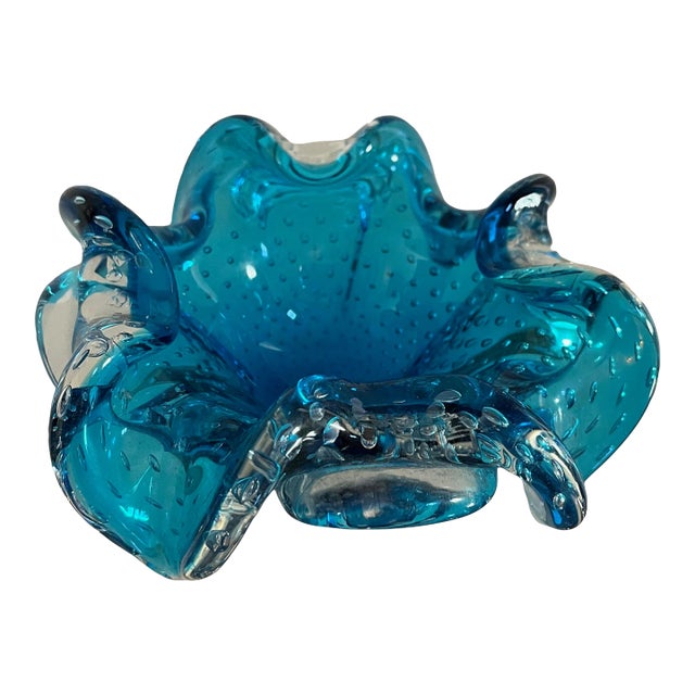 1950s Turquoise Murano "Attributed" Glass Ashtray Controlled Bubble For Sale