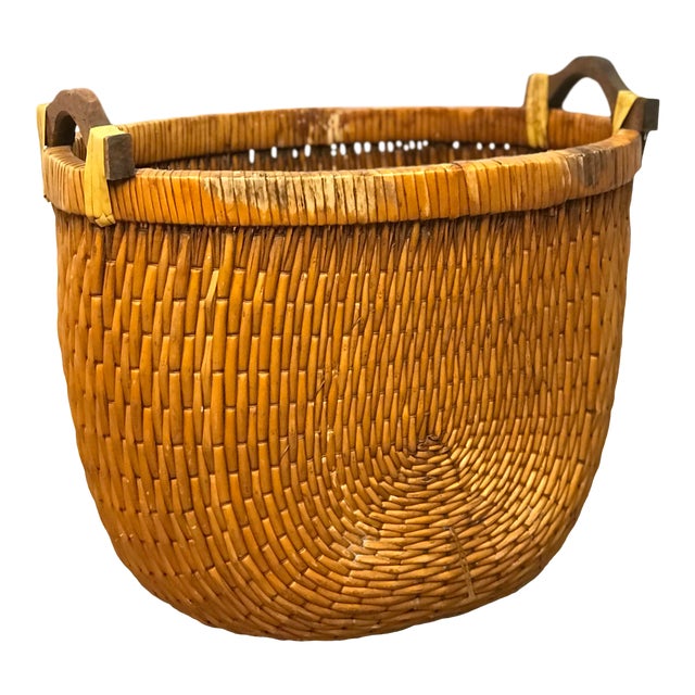 Mid20th Century Woven Reed Basket With Wood Handles Chairish