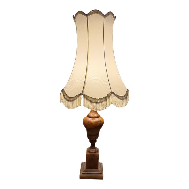 1950s Italian Hand-Carved Alabaster Table Lamp With Original Fringe Shade For Sale