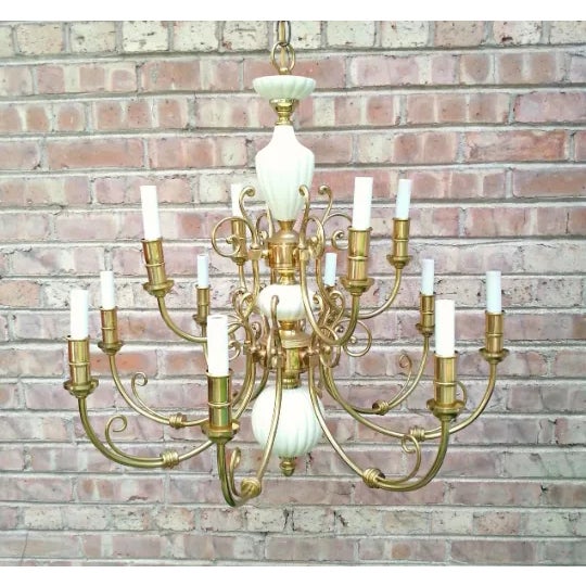 Hollywood Regency Ceramic Brass Chandelier For Sale - Image 3 of 3
