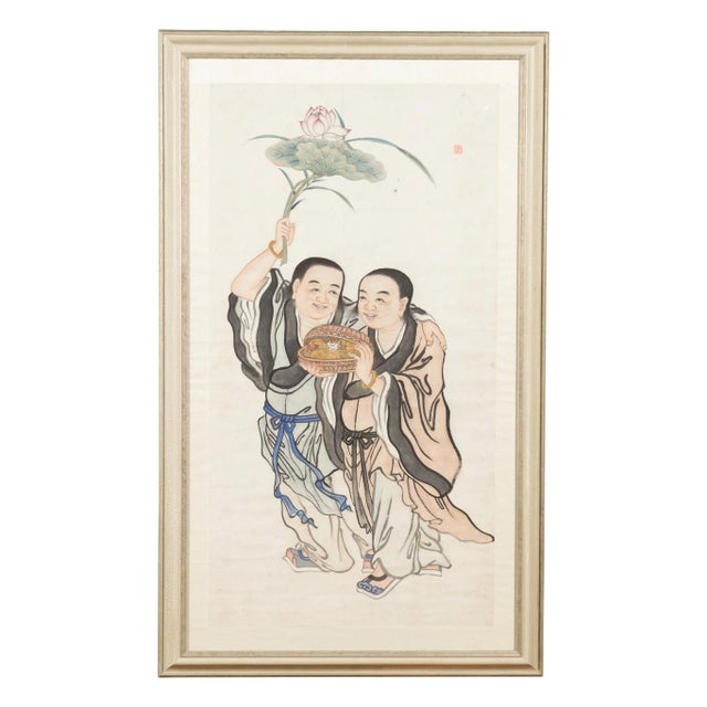 Mid 19th Century Japanese Buddhist Monks & Lotus Flower Framed Painting For Sale - Image 12 of 13