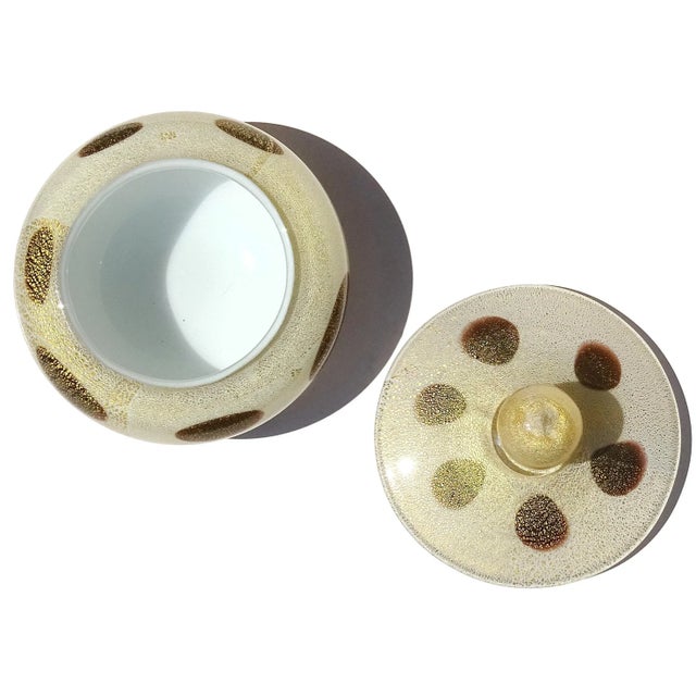 Gold Vintage Murano Barbini Gold Flecks White Black Spots Italian Art Glass Vanity Jewelry Powder Box For Sale - Image 8 of 8