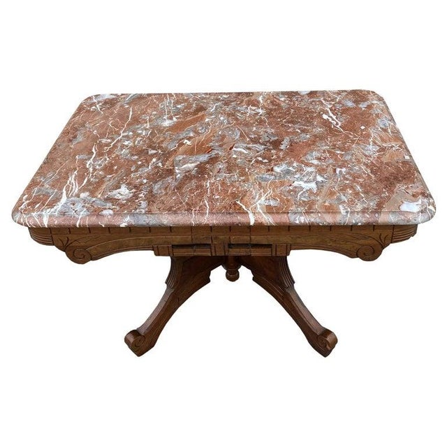 Early 20th Century Eastlake Walnut Marble Top Coffee Table For Sale - Image 9 of 9