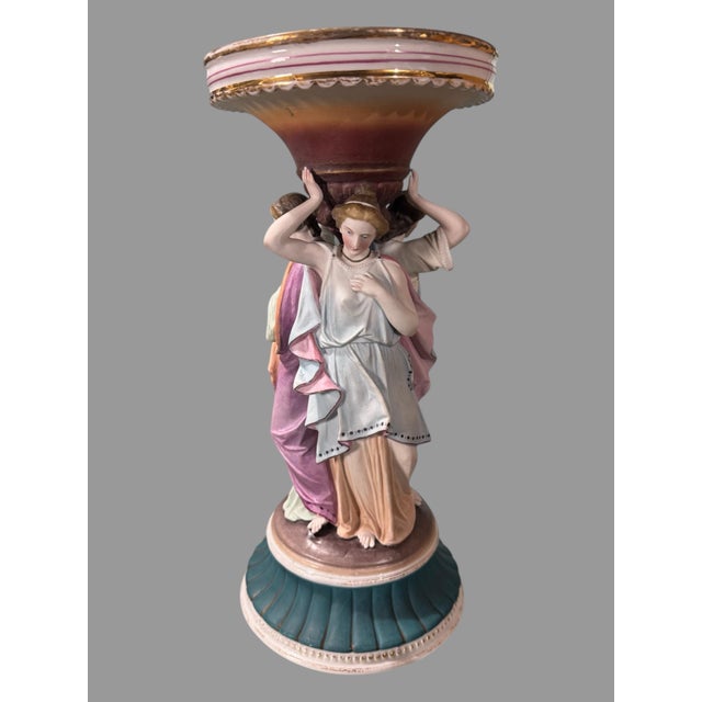 Victorian Antique Victorian 11.5" 3 Graces Figural Porcelain Compote Candlestick Vase With a Bisque Finish For Sale - Image 3 of 8