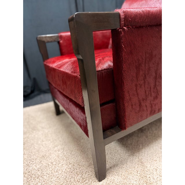 Authentic Holly Hunt Vienna Secession Lounge Chair, Custom Upholstered in Rich Burgundy/Cabernet Mohair and American Black Walnut Exposed Frame For Sale In Phoenix - Image 6 of 17