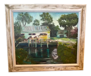 Early 20th Century Florida Landscape Dock Scene Oil Painting, Framed