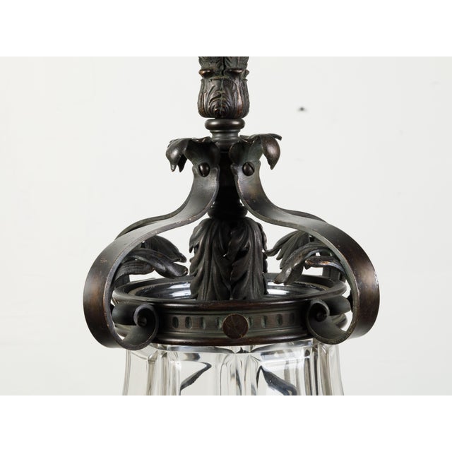 1920s French Bronze and Glass Lantern with Feathers and Acanthus Leaves For Sale - Image 4 of 7