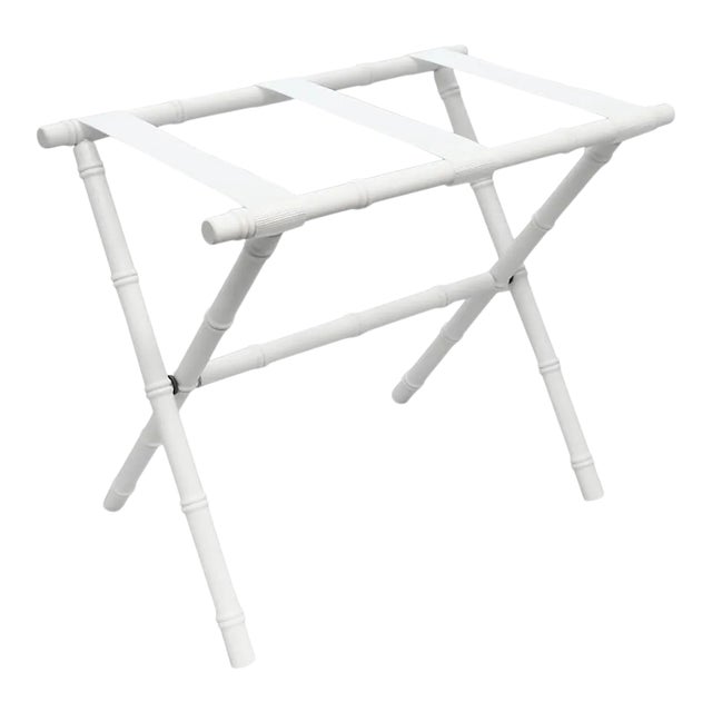 White Wood Bamboo Inspired Luggage Rack with 3 White Nylon Straps For Sale