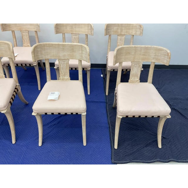 White-Washed Klismos Dining Chairs With Walnut Saber Legs, Dark Brown Woven Leather Seats and Custom Cushions - Priced Per Chair For Sale - Image 4 of 8