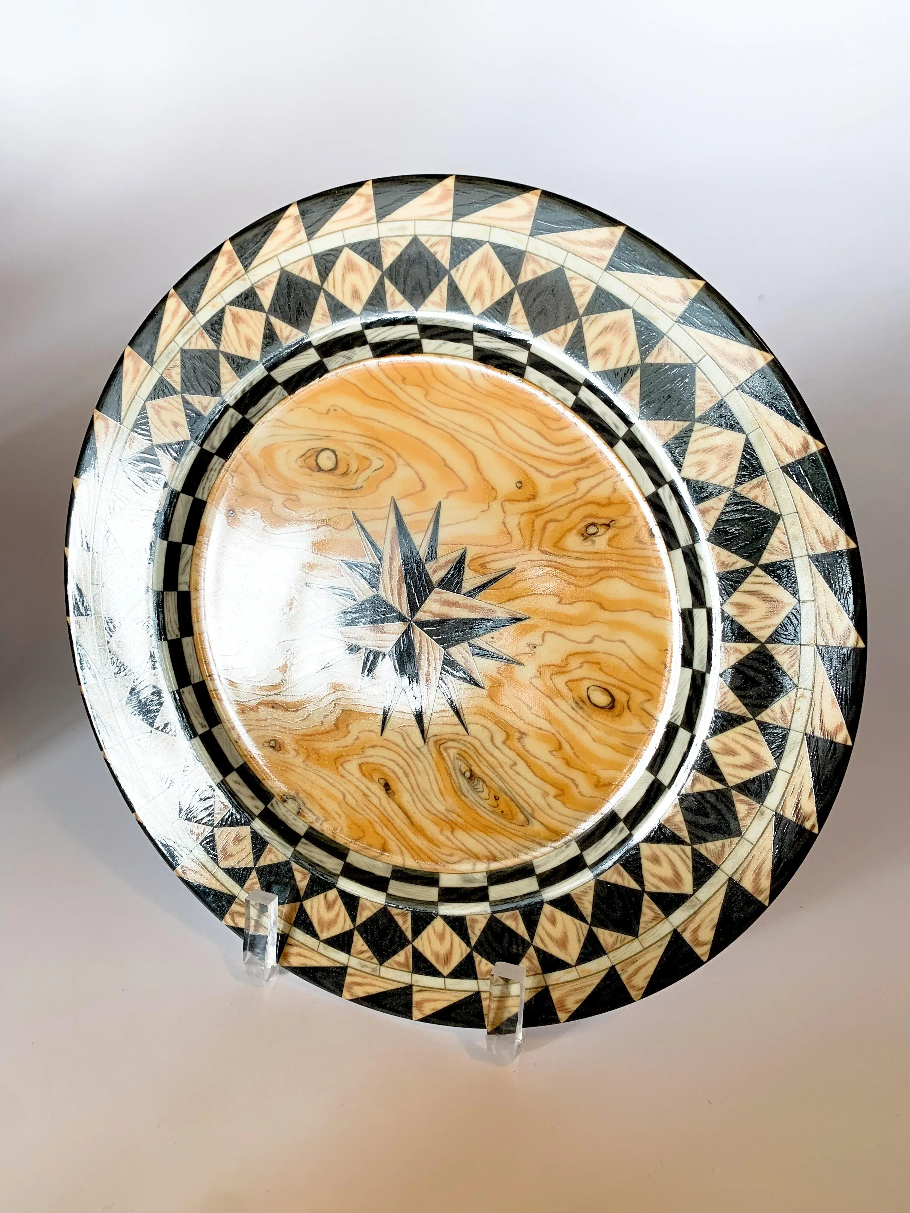 Vintage Emilio Bergamin Taitu Italy Legno Faux Bois Compass Dinner