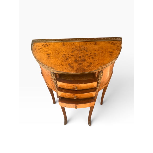 Mid-20th Century Vintage French Louis XV Style Burl Wood Demilune Side Table With Brass Gallery For Sale - Image 9 of 14