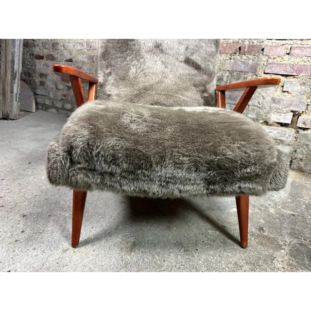 Vintage Scandinavian Armchair in Tinted Beech and Plush Fabrics, 1950s For Sale - Image 4 of 9