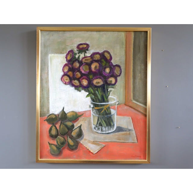 PURPLE BLOOMS Size: 22.6 x 19.1 inches (including frame) Oil on canvas A refined mid-century interior still life painting...