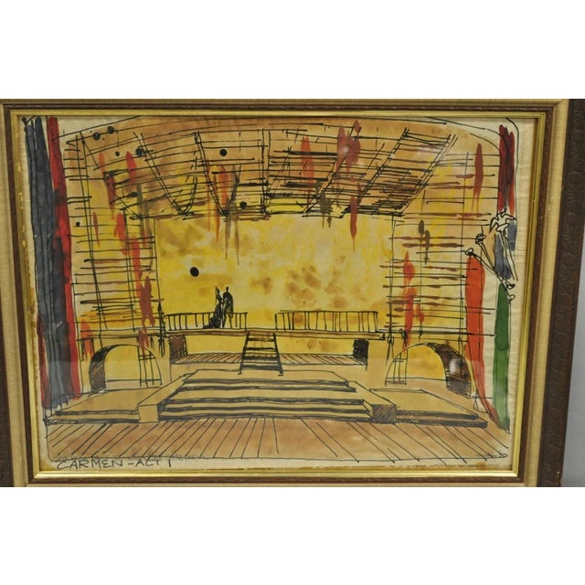 Vintage "Carmen Act I" New York City Opera Watercolor Framed in Glass Painting, Artist Signed. Artist is unidentified....