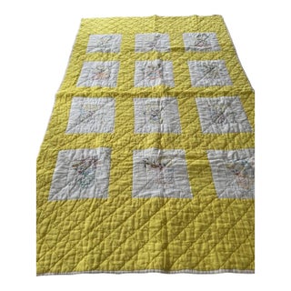 Handmade 1950s Embroidered Vintage Quilt Yellow 60” X 38” For Sale