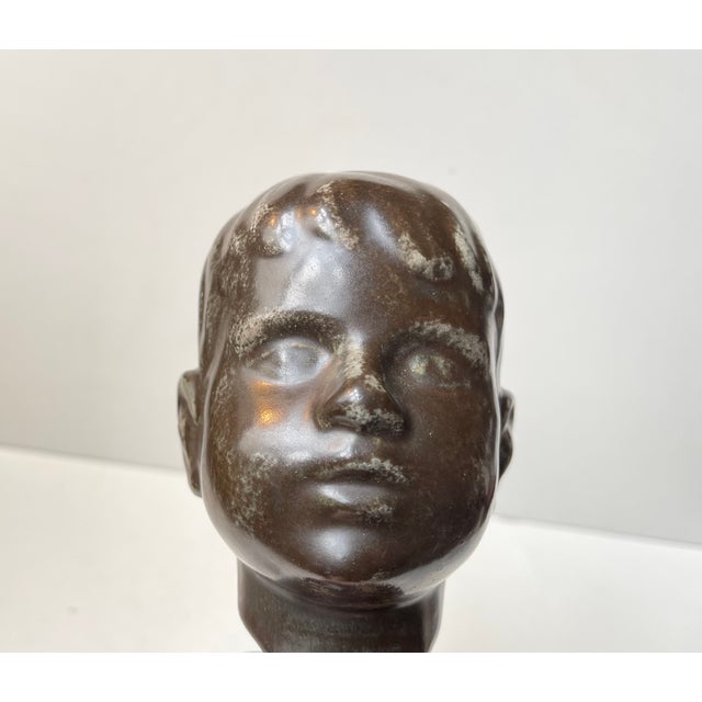 Black Mid-Century Danish Boy Head Bust in Glazed Ceramic by Johgus Bornholm, 1950s For Sale - Image 8 of 12