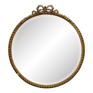 Neoclassical Ribbon Rope & Tassel Round Beveled Gold Bath Vanity Mirror 32" For Sale